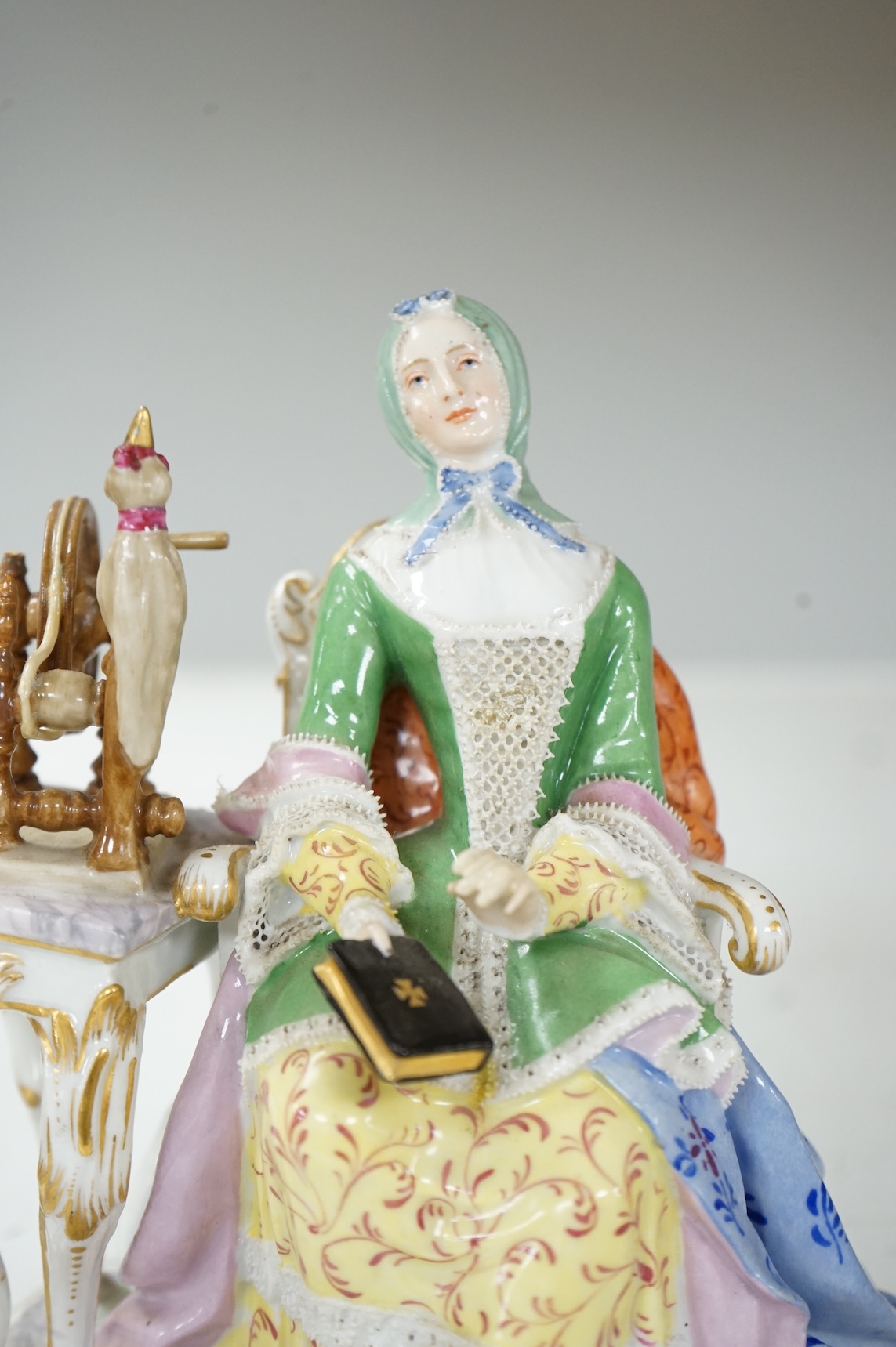 A Meissen style figure of a seated lady at her spinning wheel, 15.5cm high.